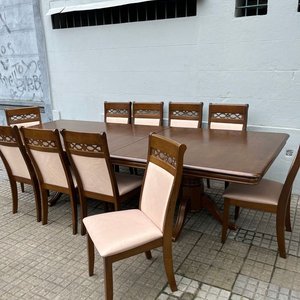 Juego de Comedor de Madera: Mesa Extensible y 10 Sillas Tapizadas Beige - imagen 2