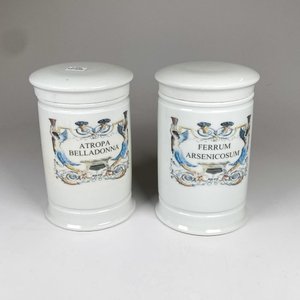 Par de frascos de farmacia en porcelana, superficie blanca, decorados en variado colorido con inscripciones. Alto 20 cm. - imagen 1