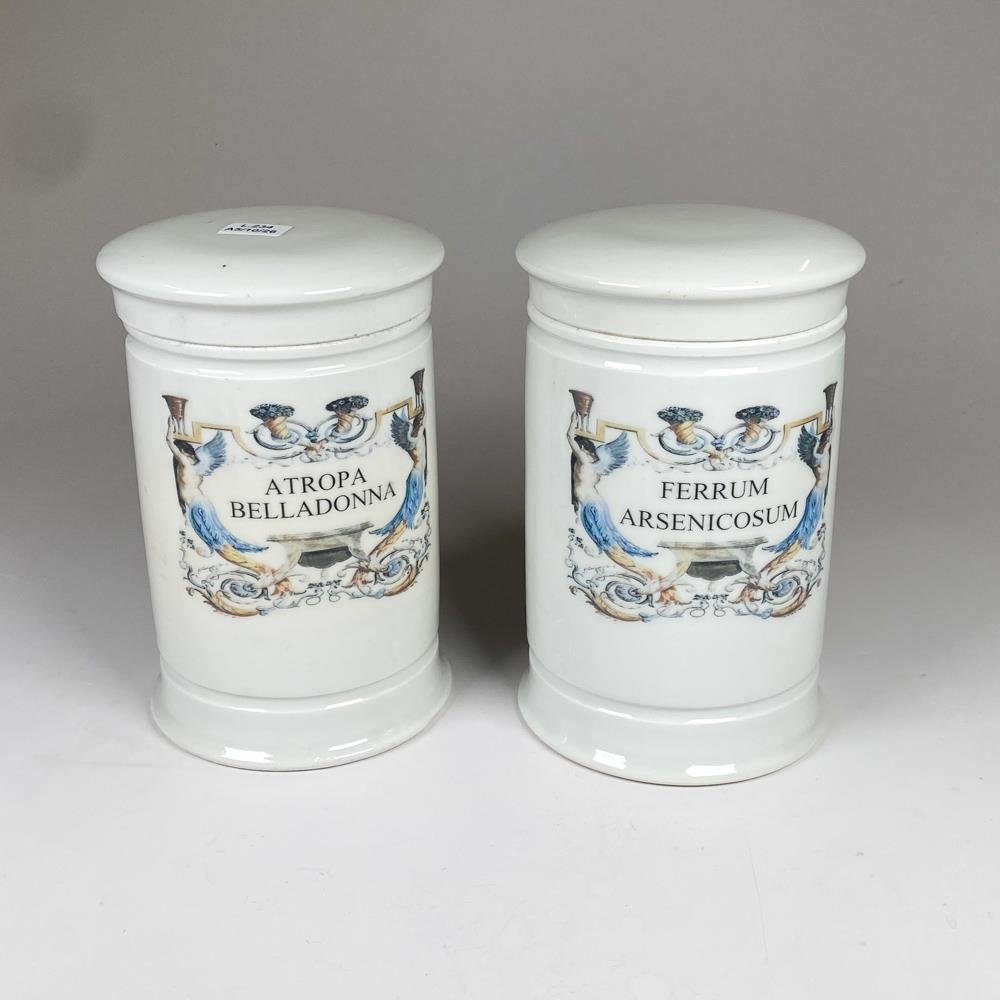 Par de frascos de farmacia en porcelana, superficie blanca, decorados en variado colorido con inscripciones. Alto 20 cm.