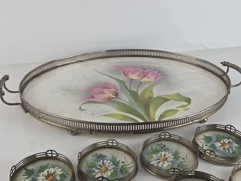 Gran bandeja y posavasos en mayolica alemana y metal para decoración del hogar - imagen 7