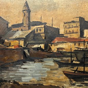 Lote anterior: Carlos Llanos "Escena de ciudad y puerto" Óleo sobre cartón 51 x 84 cm