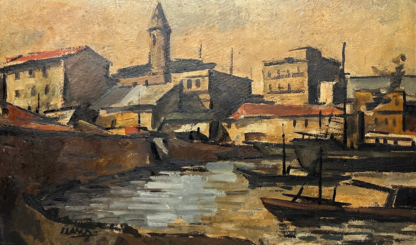 Carlos Llanos "Escena de ciudad y puerto" Óleo sobre cartón 51 x 84 cm