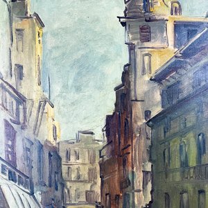 Cuadro oleo sobre tela calle y caserios 52x41 - imagen 2