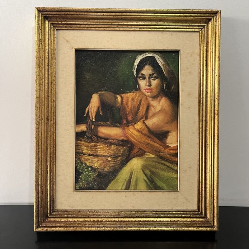 Lote siguiente: Pinturas de mujer con cesta y óleo sobre papel