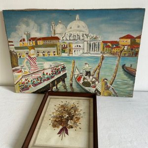 Lote de Dos Cuadros: Paisaje Veneciano y Flores Secas - imagen 3