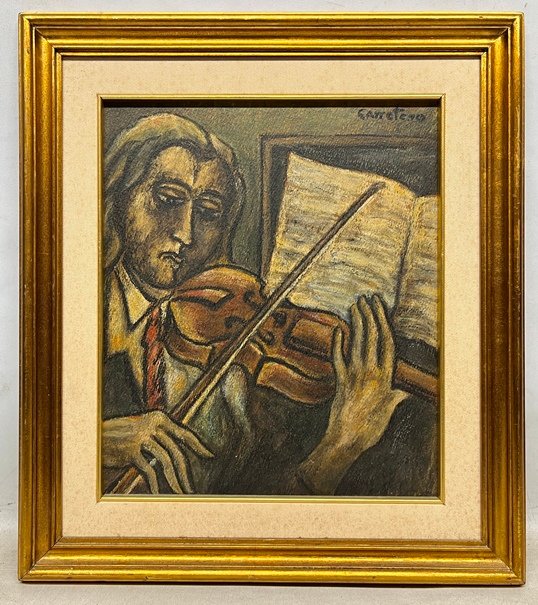 Lote anterior: Pintura de un hombre tocando el violín con un libro en la mano