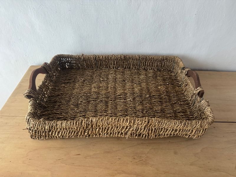 Bandeja Rectangular de Mimbre con Asas de Madera