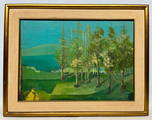 Pintura de paisaje con bosque y agua
