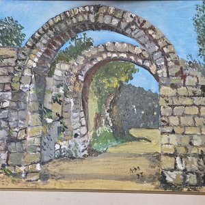 Óleo sobre lienzo: Arcos de piedra en paisaje rural, firmado - imagen 3