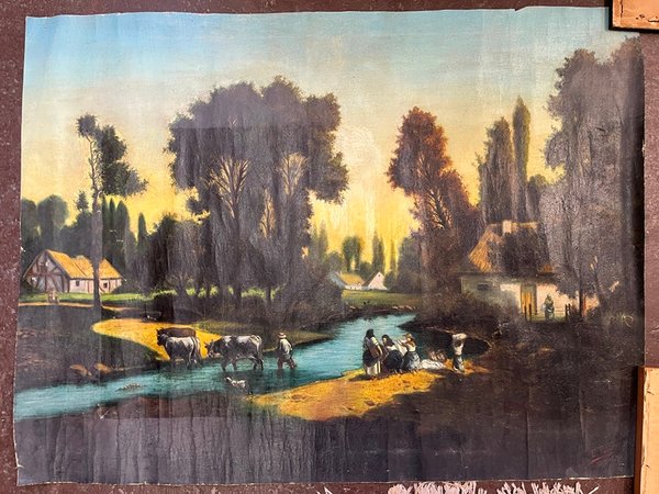 Lote anterior: Pintura de escena rural con animales y casa en el fondo