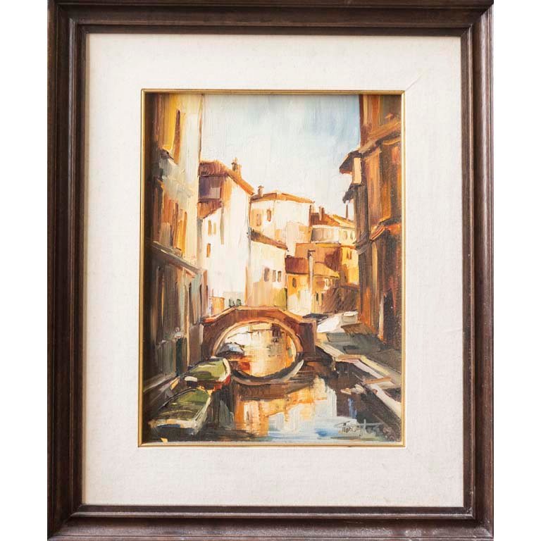 Pintura al óleo "Calle de Venecia" por Fuentes, con marco y passepartout