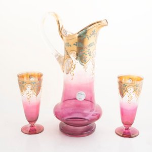 Jarra y 2 Vasos de Cristal Veneciano Esmaltado con Flores Rosas y Doradas - imagen 2