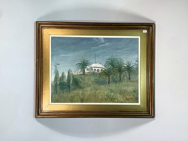 Cuadro al óleo: Casco de estancia con molinos y palmeras - imagen 1