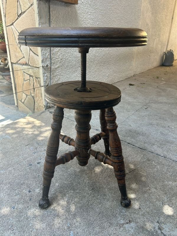 Banqueta de piano regulable en roble americano con patas hierro y bochas de vidrio firme - imagen 6