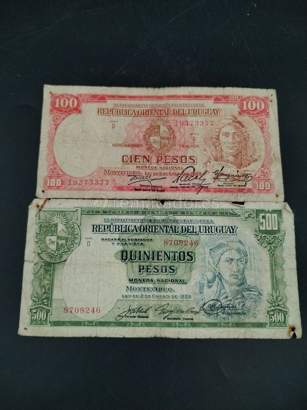 Billetes Uruguayos: 100 y 500 Pesos de 1939 y 1950