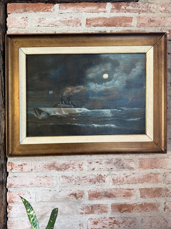 Pintura oleo sobre tela Marina barco de guerra Escuela Manuel Larravide - imagen 4