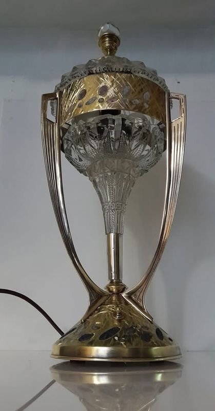 Lámpara Art Deco Antigua con Cristal Facetado y Bronce - imagen 6