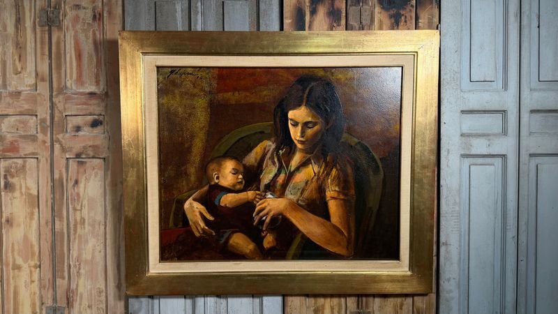 Pintura "Maternidad" de Ángel Tejera, Acrílico sobre Fibra, 60 x 74 cm