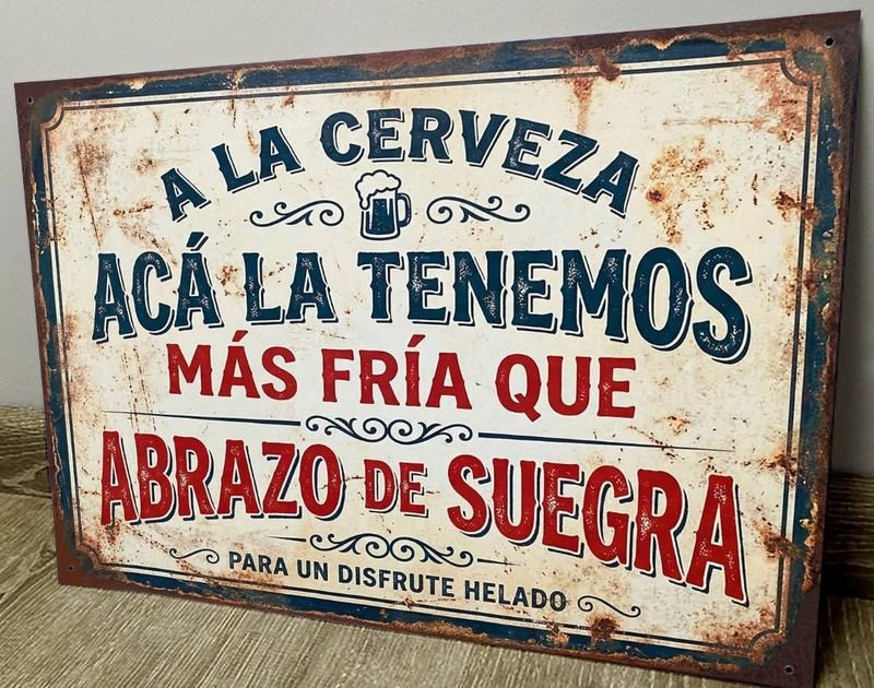 Cartel Decorativo "Acá la Tenemos Más Fría Que Abrazo de Suegra" Chapa 28x19 cm
