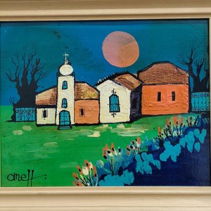 Pintura "Pueblito con Iglesia" de Liny Aneff, Acrílico sobre Fibra con Marco de Madera - imagen 4