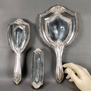 Juego de Tocador Antiguo 5 Piezas Plateadas y Cristal Tallado - imagen 3