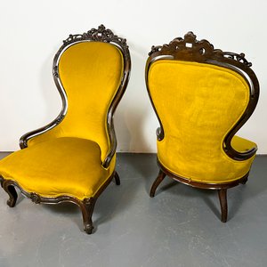 Par de Sillones Victorianos de Jacarandá Tapizados en Pana Amarilla - imagen 4