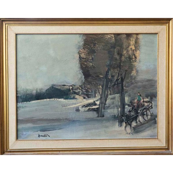 Pintura al óleo de paisaje con carro y carruaje