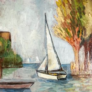 Cuadro Óleo sobre Fibra: Marina con Velero Blanco y Costa Arbolada - imagen 2