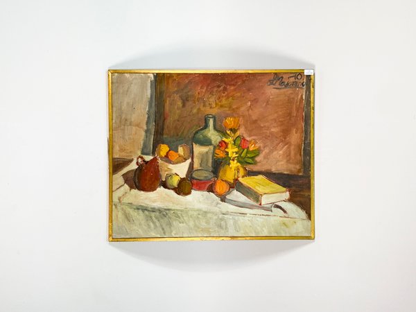 Pintura de Naturaleza Muerta con Frutas, Flores y Libro - imagen 1