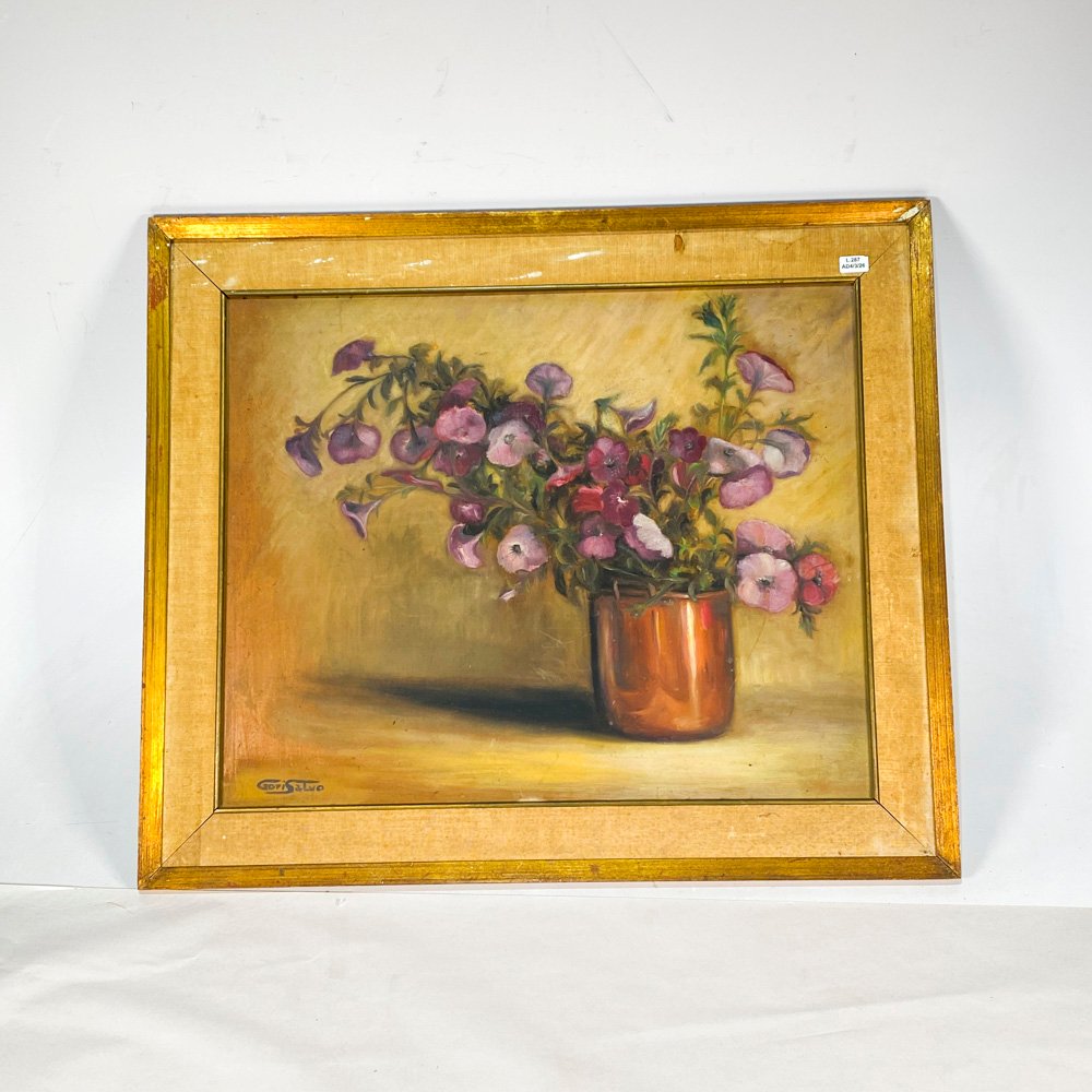 Cuadro óleo de flores con firma ilegible