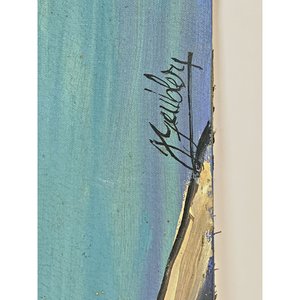 Cuadro al óleo: Costa de laguna, montañas y caseríos, firmado - imagen 6