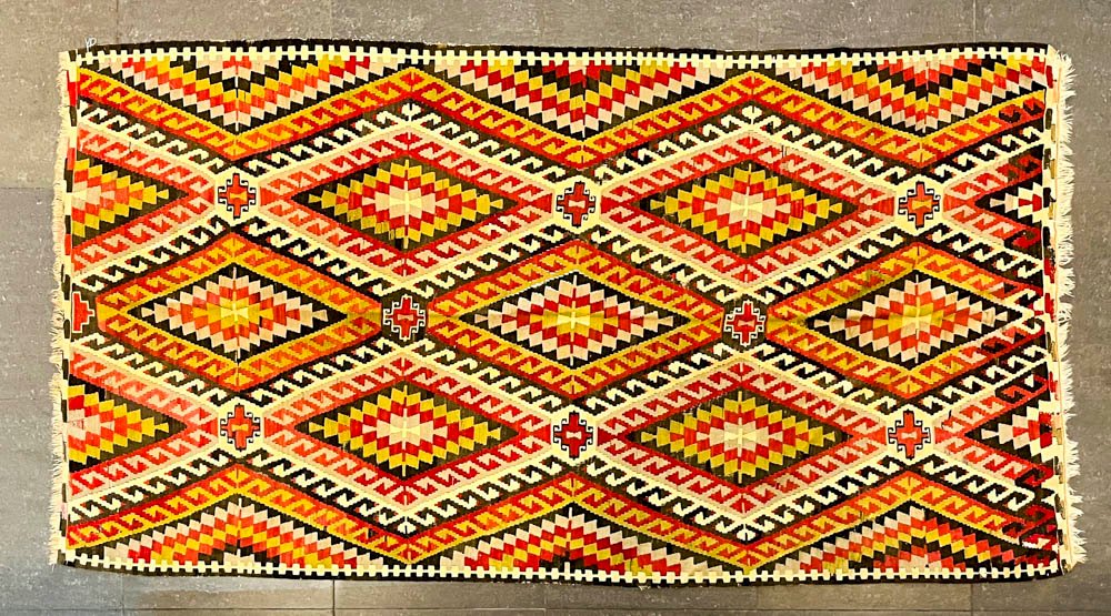 Alfombra Kilim Decorada con Rombos - Marrón, Beige y Rojo (283 x 150 cm)