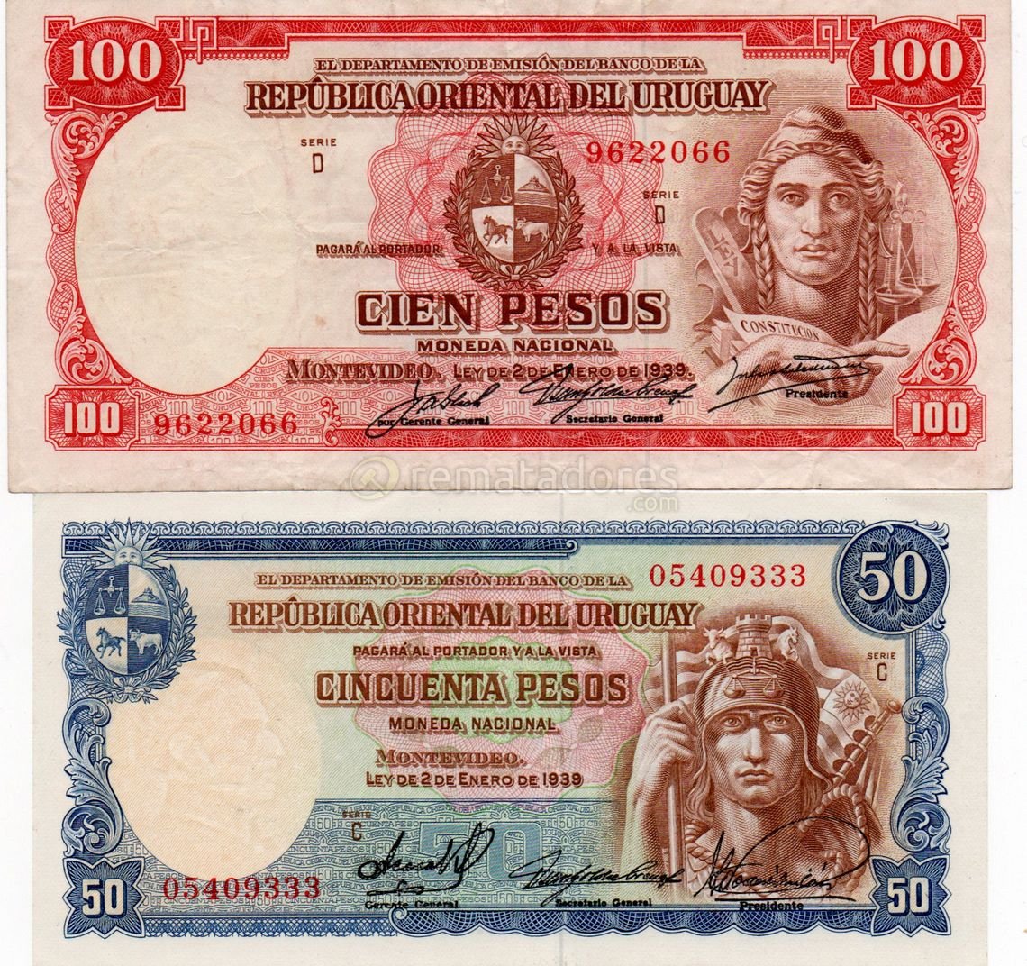 Billetes de 100 y 50 Pesos Uruguayos de 1939