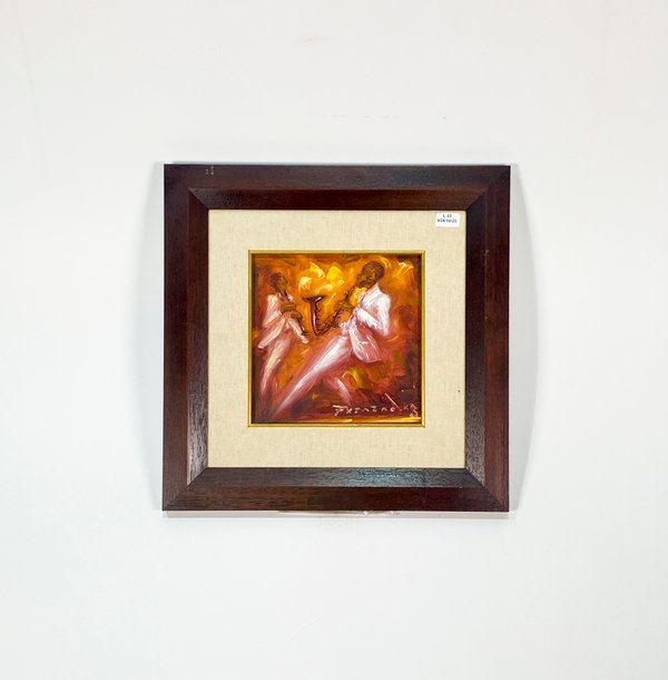 Lote siguiente: Pintura óleo sobre fibra de músicos con clarinete y saxofón