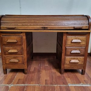 Escritorio Antiguo Ministro Tapa Cortina Madera Roble Seis Cajones Compartimentos Internos - imagen 2