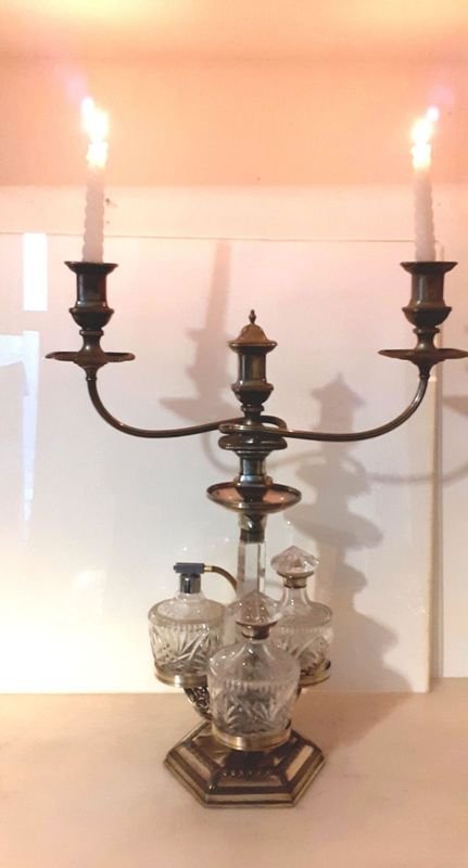 Antiguo Tocador Perfumero Candelabro Frances Periodo Renacimiento en Cristal y Metal con Baño de Plata - imagen 6