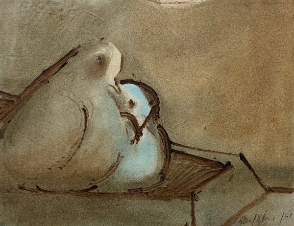 Acuarela "Palomas" de Clarel Neme, Firmada y Fechada 1961 - imagen 1