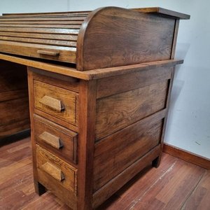 Escritorio Antiguo Ministro Tapa Cortina Madera Roble Seis Cajones Compartimentos Internos - imagen 4
