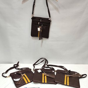 Lote siguiente: Lote de 4 Carteras de Dama Tipo Morral en Eco Cuero Marrón con Tiras Amarillas