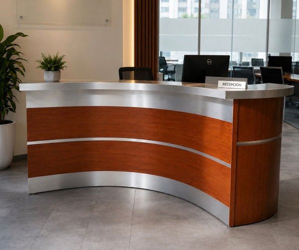 Mostrador de Recepción Curvo con Detalles en Madera y Aluminio