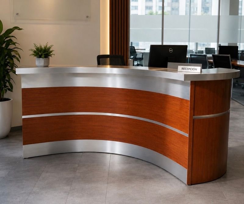 Mostrador de Recepción Curvo con Detalles en Madera y Aluminio