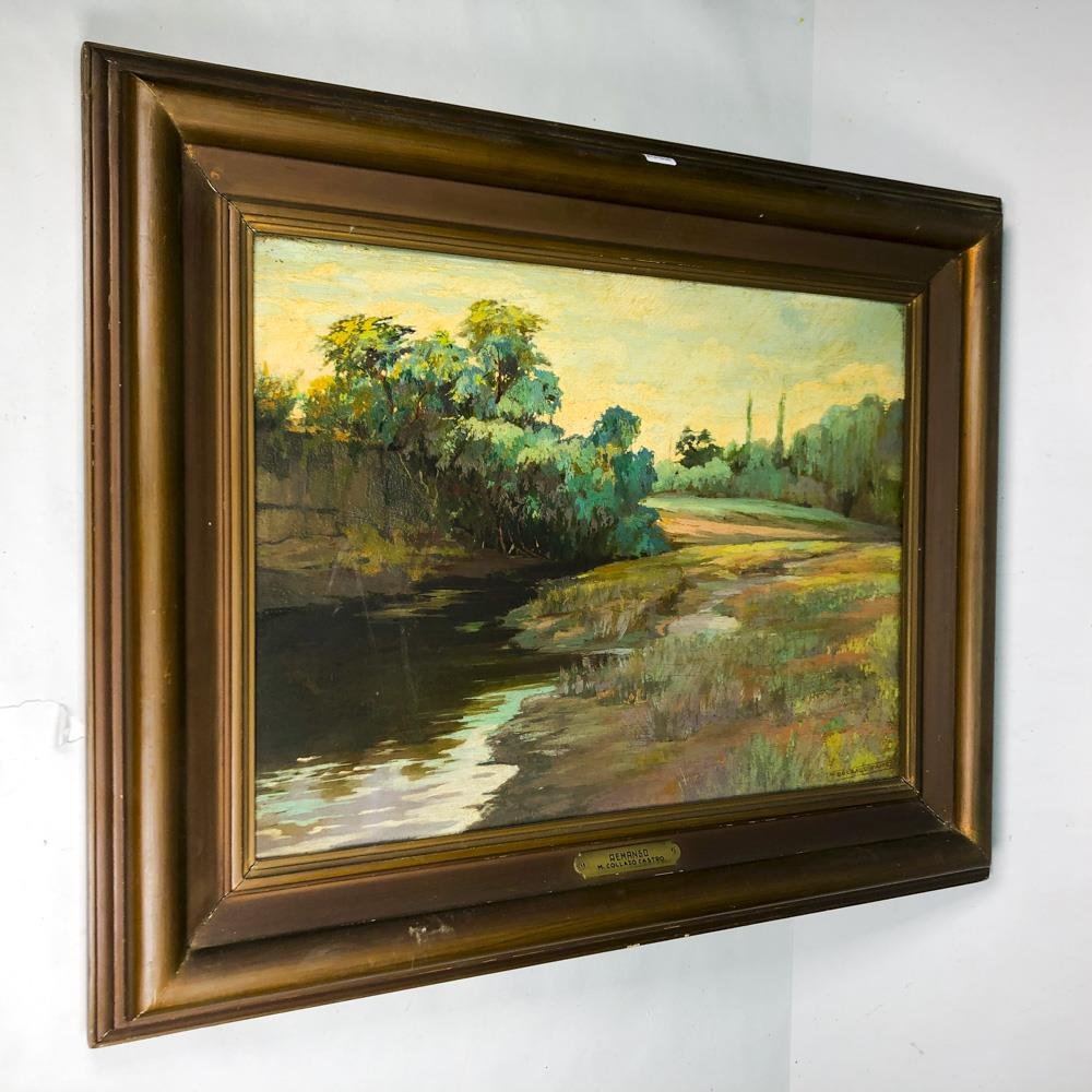 Cuadro al Óleo "Campo y Lago" con Marco de Madera - Firmado
