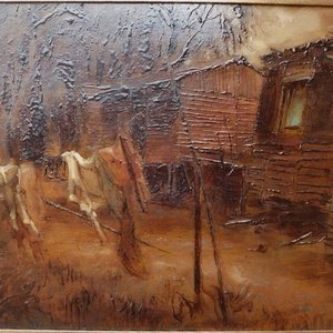 Lote anterior: Obra de Sergio Curto: "Ranchos del barrio Las Latas" en goma laca y óleo