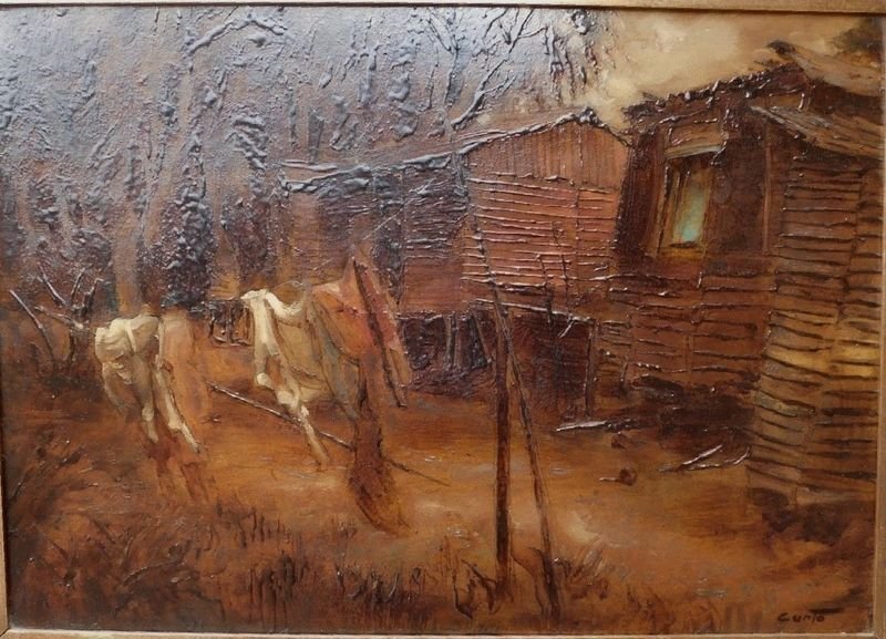Obra de Sergio Curto: "Ranchos del barrio Las Latas" en goma laca y óleo