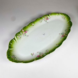 Fuente Oval Isabelina de Porcelana con Decoración Floral y Borde Verde - imagen 2