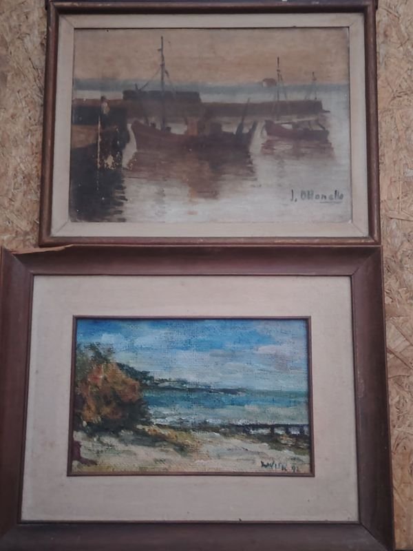 Lote de dos óleos con marco de madera: paisaje marino y costa