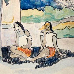Acuarela sobre cartón: "Rancho y damas" con monogramas, 27 x 20 cm - imagen 3