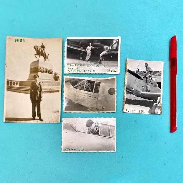 Lote de 6 Fotos Históricas: Piloto de Avión de Combate, Hangar en Mendoza, Aviones Navion L-17B y PT-26-675 - imagen 1