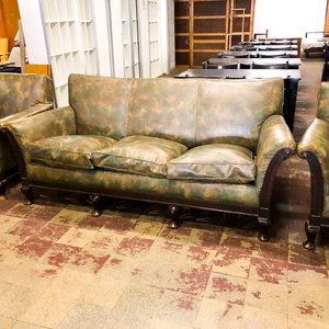 Sofá y Sillones Antiguos de Cuero Verde Estilo Clásico - imagen 2