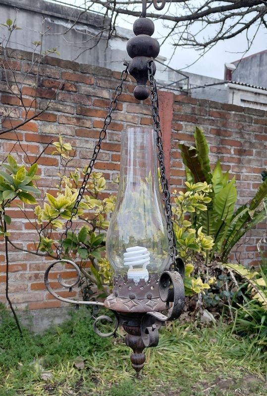 Lámpara Colgante de Hierro y Madera con Tulipa de Vidrio - imagen 1